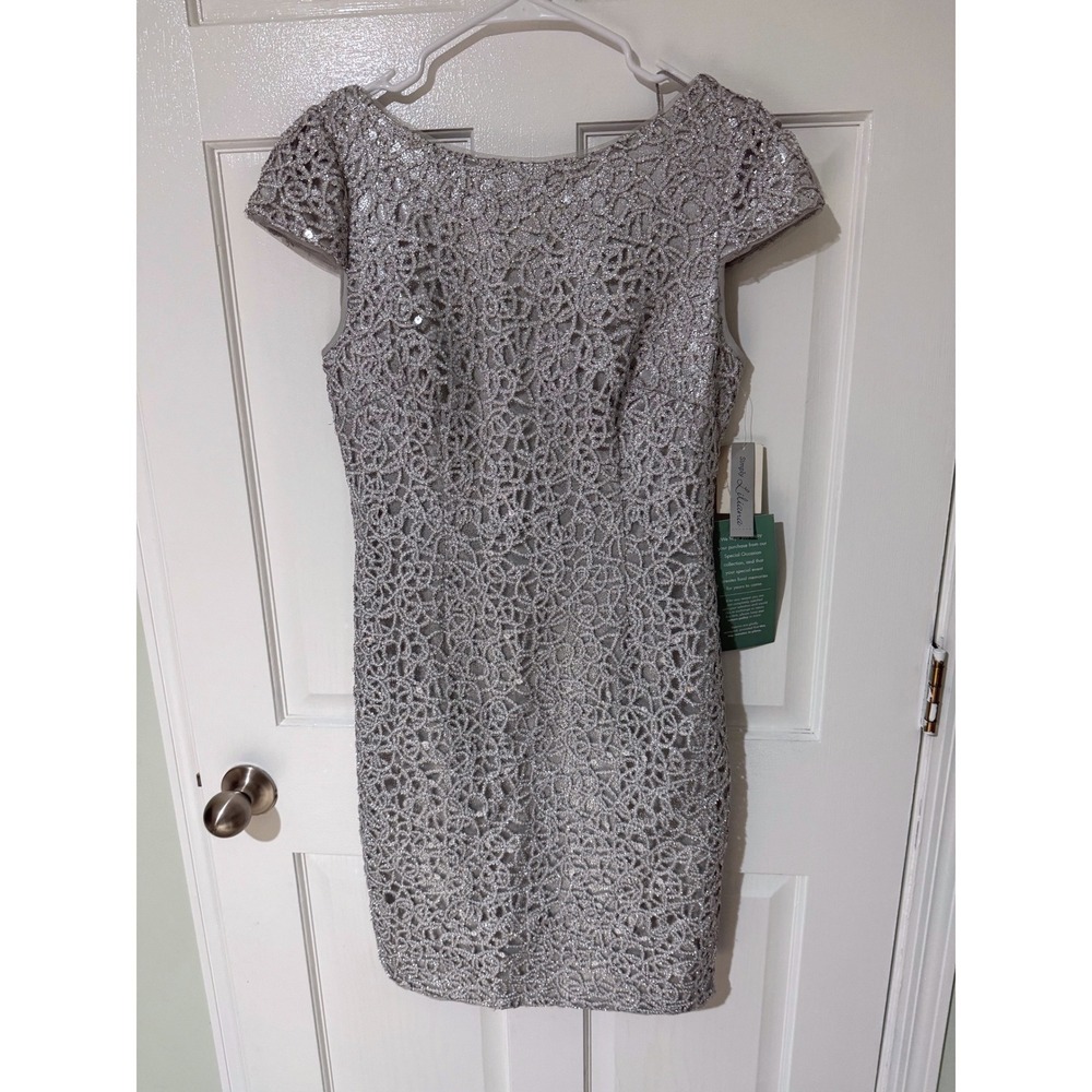 Simply Liliana Silver Metallic Lace Sequin Cocktail Dress V-Back Size 8 NEW